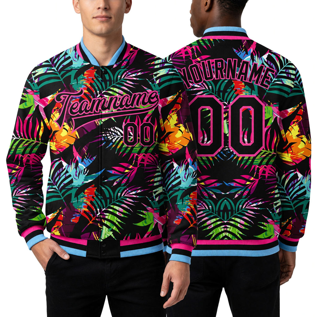 Custom Black Pink-Light Blue Hawaii Palm Trees 3D Bomber Full-Snap Varsity Letterman Jacket worn front and back