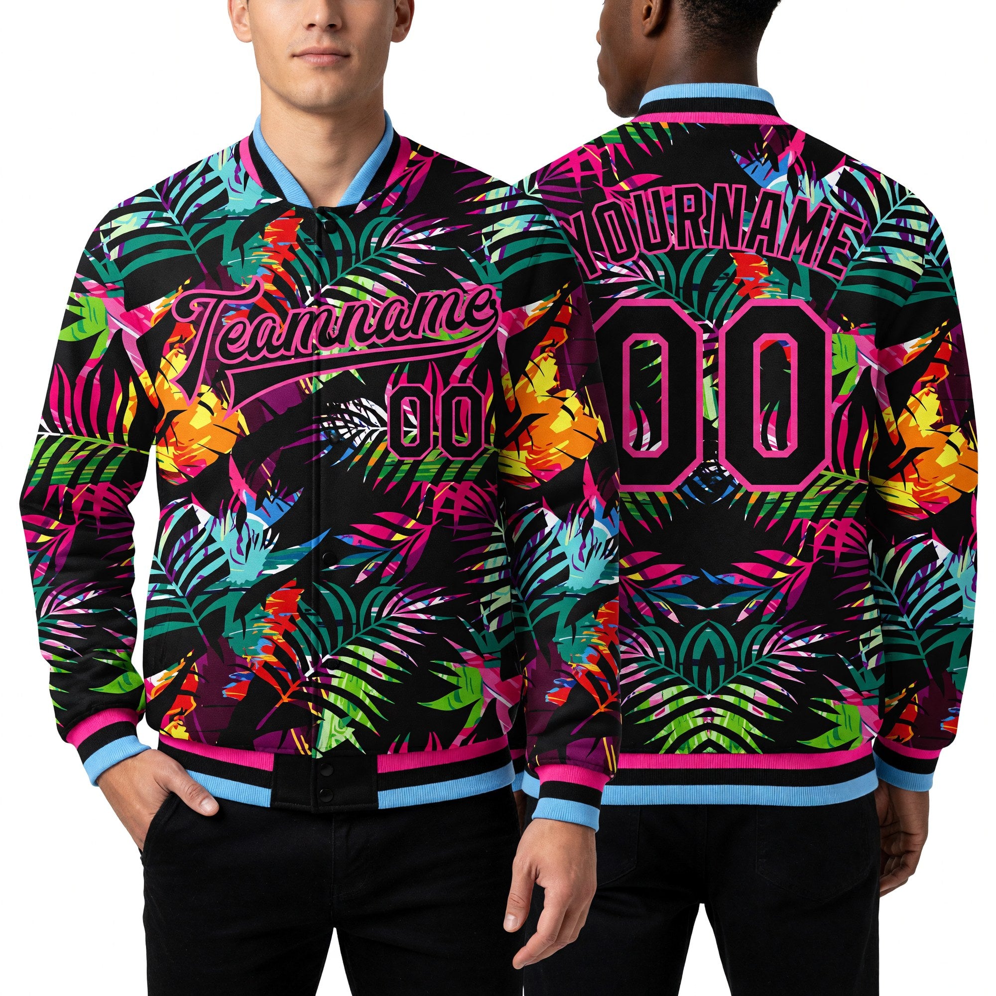 Custom Black Pink-Light Blue Hawaii Palm Trees 3D Bomber Full-Snap Varsity Letterman Jacket worn front and back