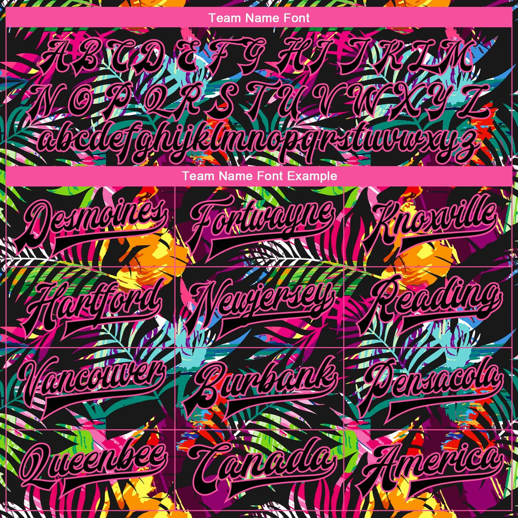 Custom Black Pink-Light Blue Hawaii Palm Trees 3D Bomber Full-Snap Varsity Letterman Jacket photo 5