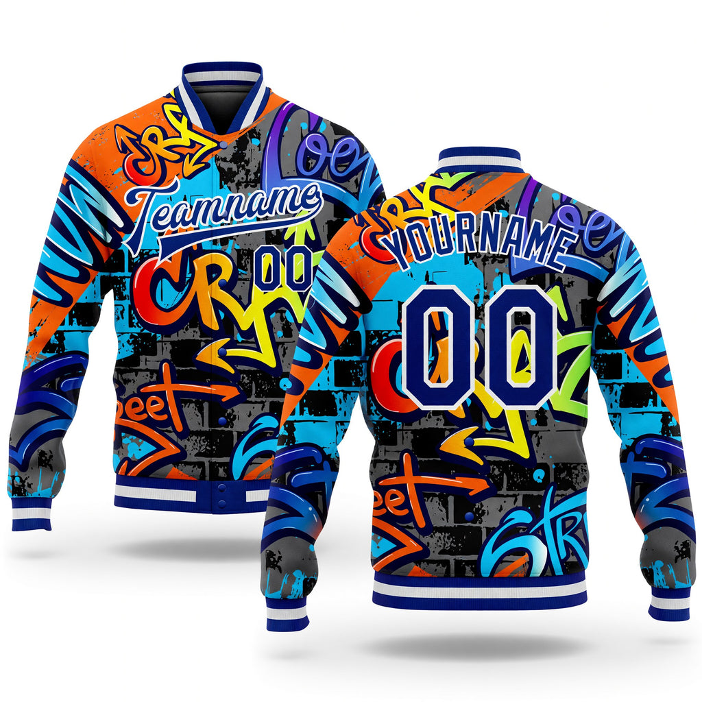 Custom Graffiti Pattern Royal-White Geometric 3D Bomber Full-Snap Varsity Letterman Jacket