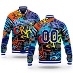 Custom Graffiti Pattern Royal-White Geometric 3D Bomber Full-Snap Varsity Letterman Jacket