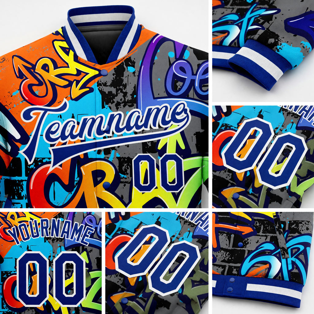 Custom Graffiti Pattern Royal-White Geometric 3D Bomber Full-Snap Varsity Letterman Jacket detail