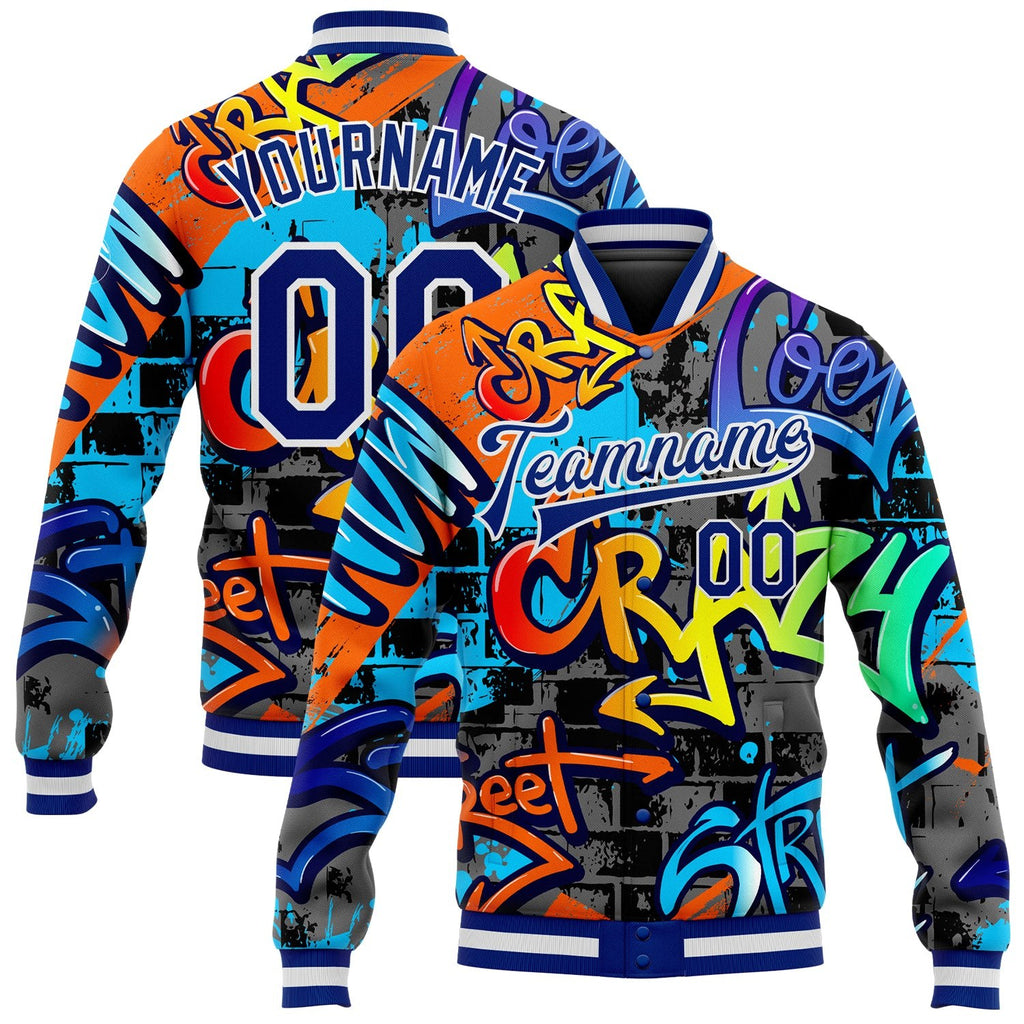 Custom Graffiti Pattern Royal-White Geometric 3D Bomber Full-Snap Varsity Letterman Jacket photo 1