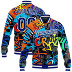 Custom Graffiti Pattern Royal-White Geometric 3D Bomber Full-Snap Varsity Letterman Jacket photo 1