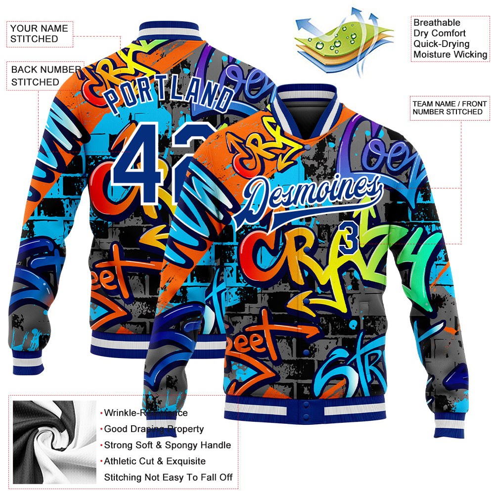 Custom Graffiti Pattern Royal-White Geometric 3D Bomber Full-Snap Varsity Letterman Jacket photo 5