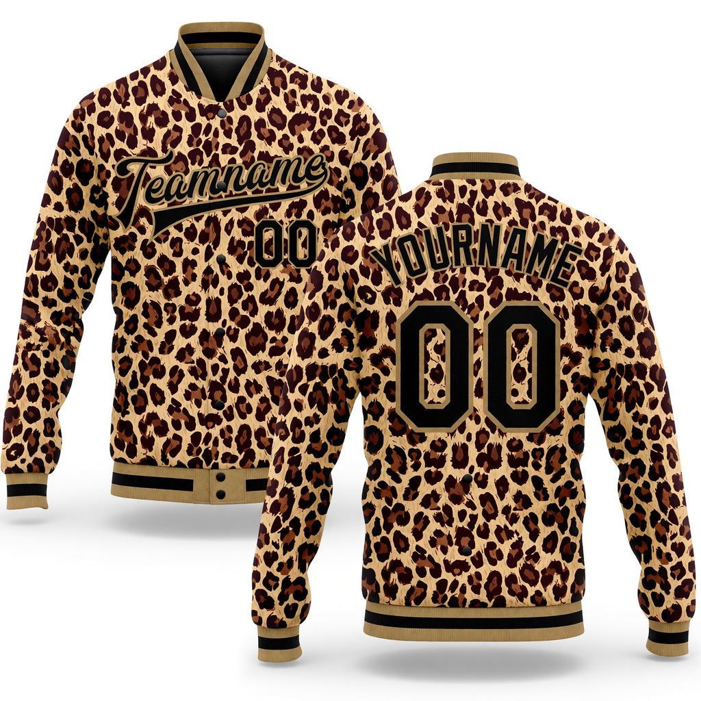 Custom Brown Black-Old Gold Leopard 3D Pattern Design Bomber Full-Snap Varsity Letterman Jacket