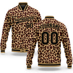 Custom Brown Black-Old Gold Leopard 3D Pattern Design Bomber Full-Snap Varsity Letterman Jacket