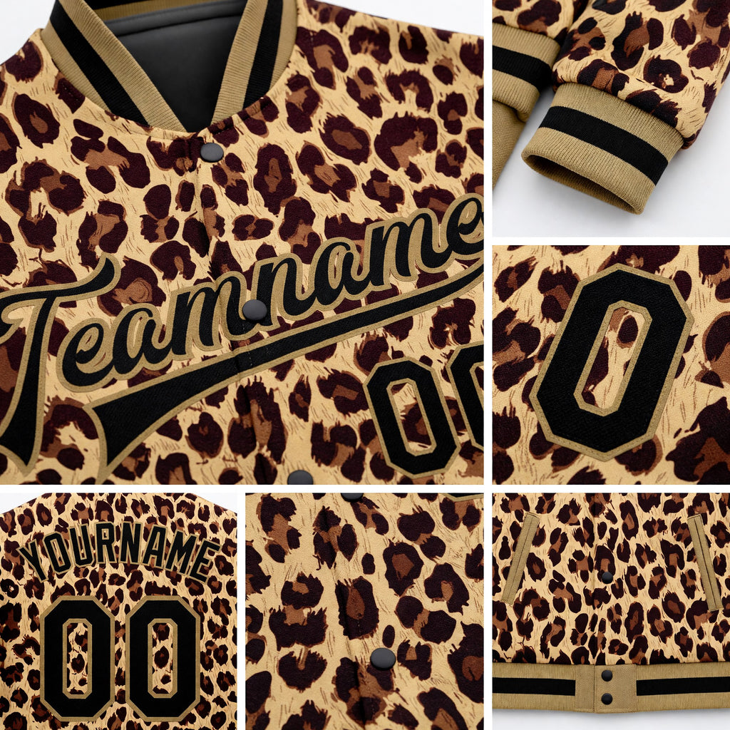 Custom Brown Black-Old Gold Leopard 3D Pattern Design Bomber Full-Snap Varsity Letterman Jacket detail