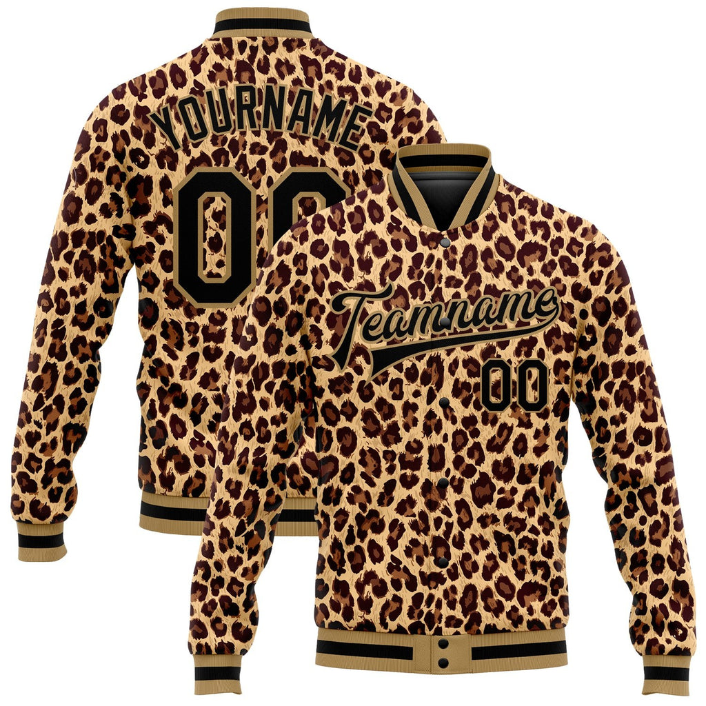 Custom Brown Black-Old Gold Leopard 3D Pattern Design Bomber Full-Snap Varsity Letterman Jacket photo 1
