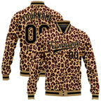 Custom Brown Black-Old Gold Leopard 3D Pattern Design Bomber Full-Snap Varsity Letterman Jacket photo 1