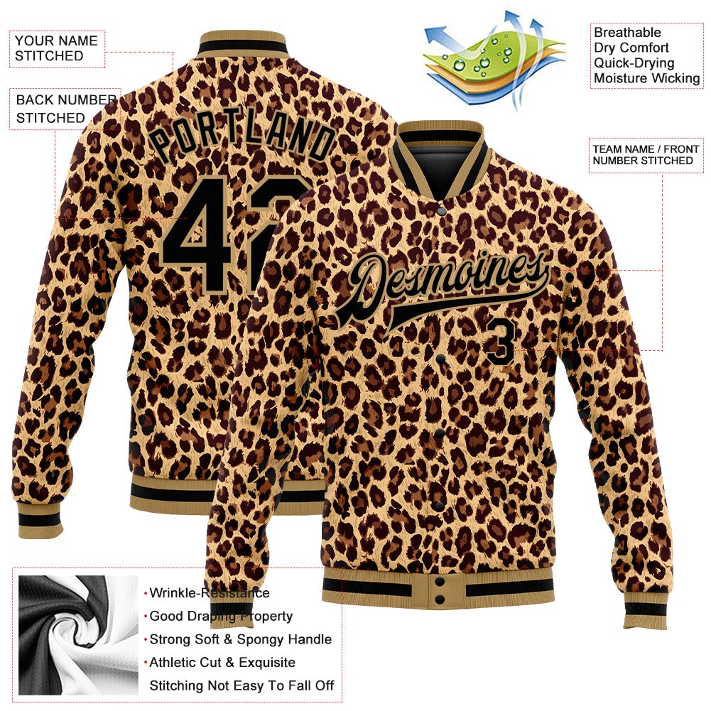 Custom Brown Black-Old Gold Leopard 3D Pattern Design Bomber Full-Snap Varsity Letterman Jacket photo 5