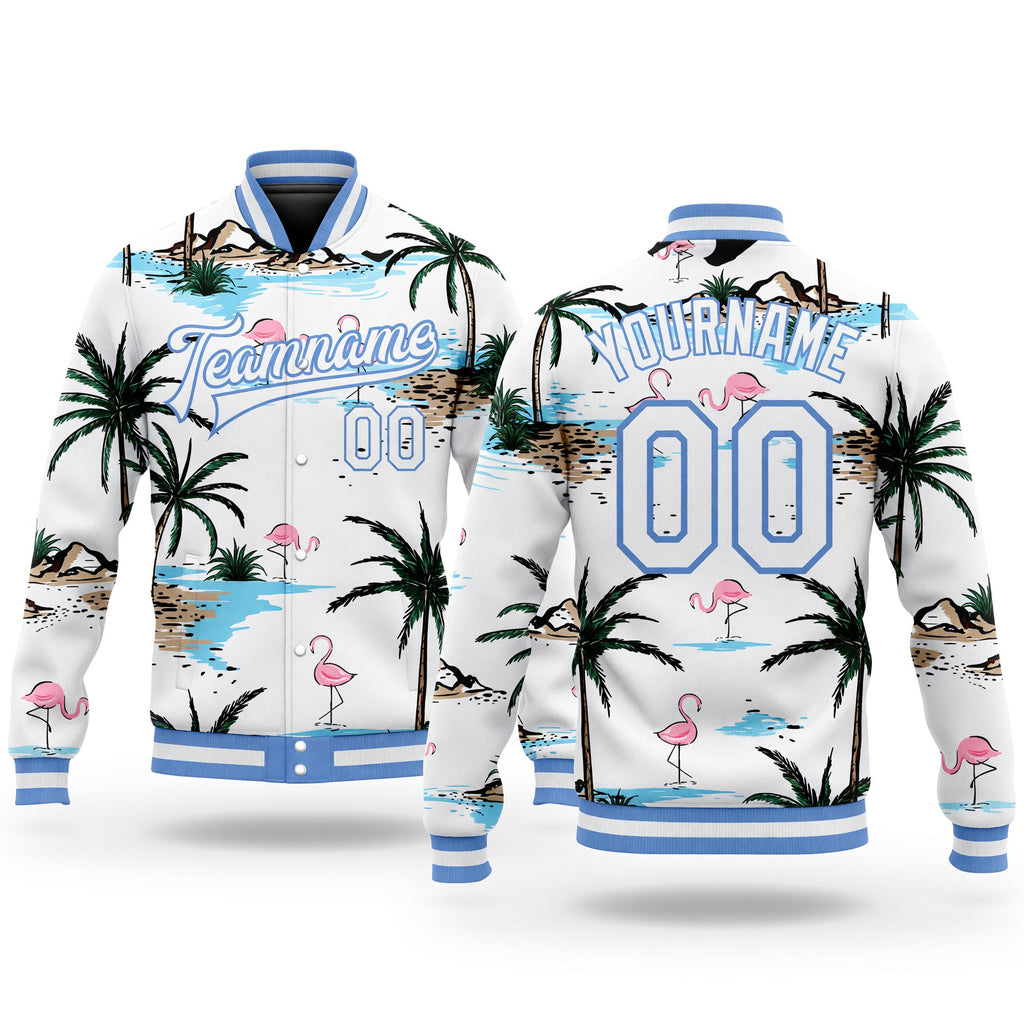 Custom White White-Light Blue Hawaii Palm Trees And Flamingo 3D Bomber Full-Snap Varsity Letterman Jacket