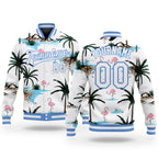 Custom White White-Light Blue Hawaii Palm Trees And Flamingo 3D Bomber Full-Snap Varsity Letterman Jacket