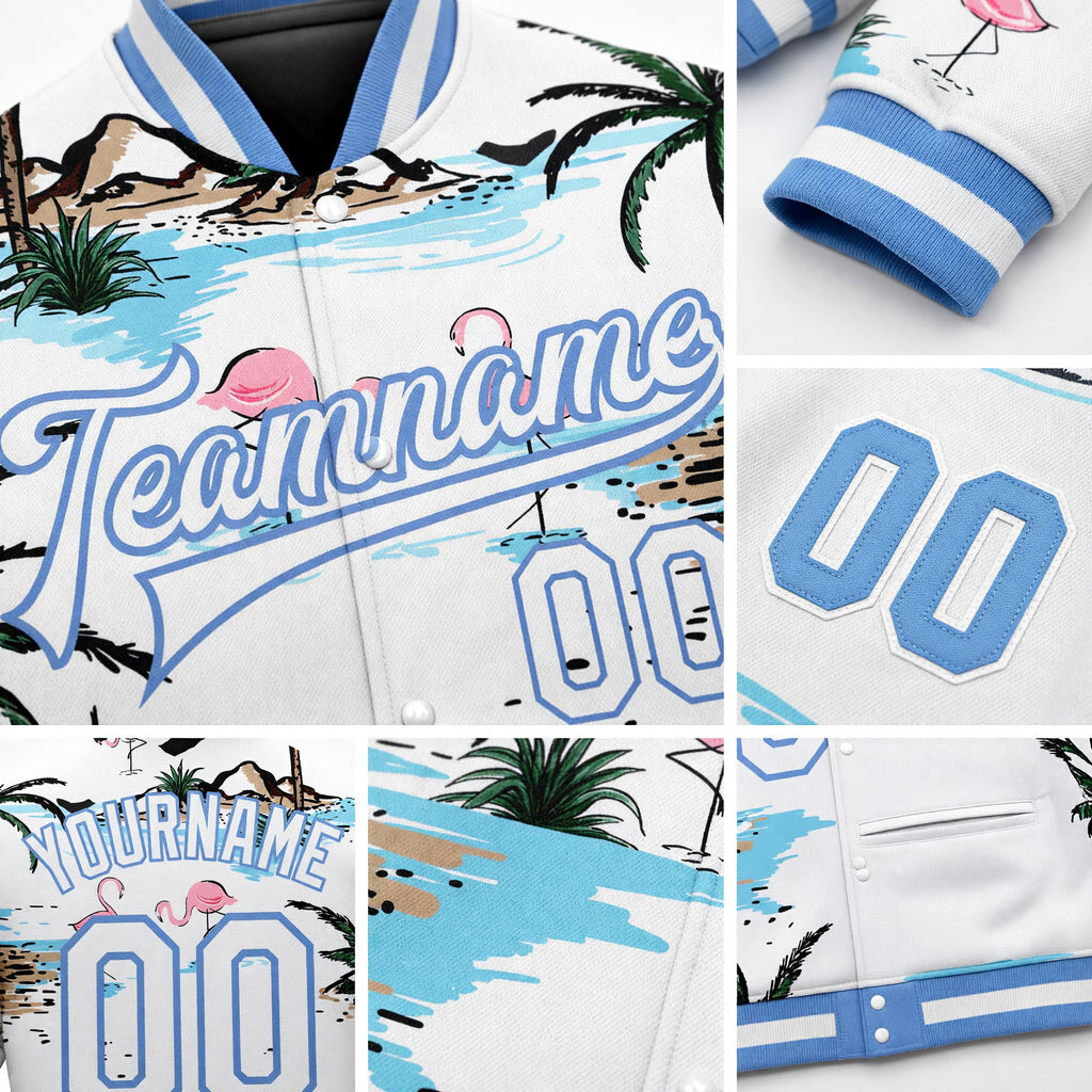 Custom White White-Light Blue Hawaii Palm Trees And Flamingo 3D Bomber Full-Snap Varsity Letterman Jacket detail