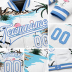 Custom White White-Light Blue Hawaii Palm Trees And Flamingo 3D Bomber Full-Snap Varsity Letterman Jacket detail