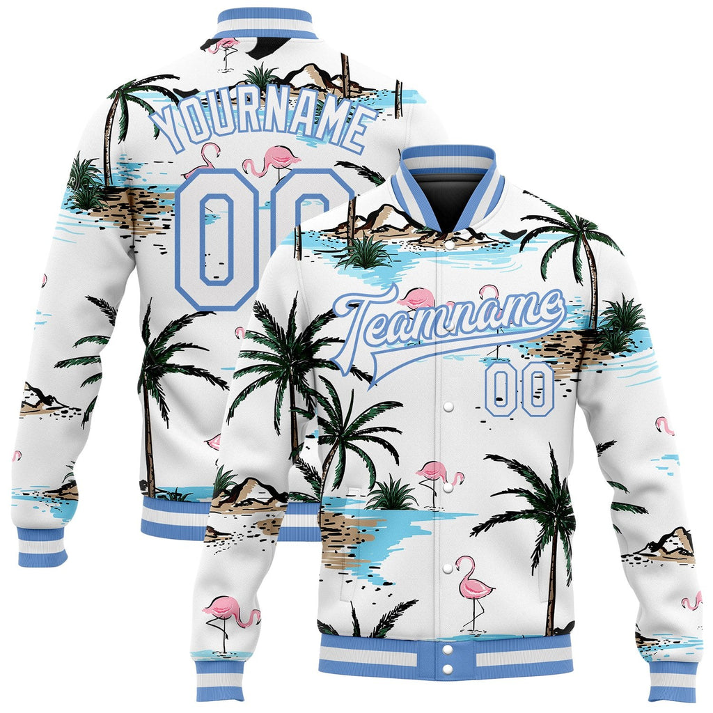 Custom White White-Light Blue Hawaii Palm Trees And Flamingo 3D Bomber Full-Snap Varsity Letterman Jacket photo 1