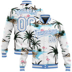 Custom White White-Light Blue Hawaii Palm Trees And Flamingo 3D Bomber Full-Snap Varsity Letterman Jacket photo 1