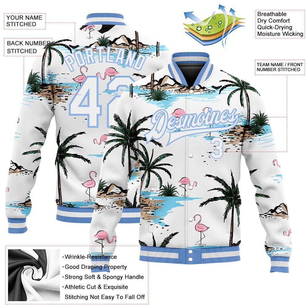 Custom White White-Light Blue Hawaii Palm Trees And Flamingo 3D Bomber Full-Snap Varsity Letterman Jacket photo 5