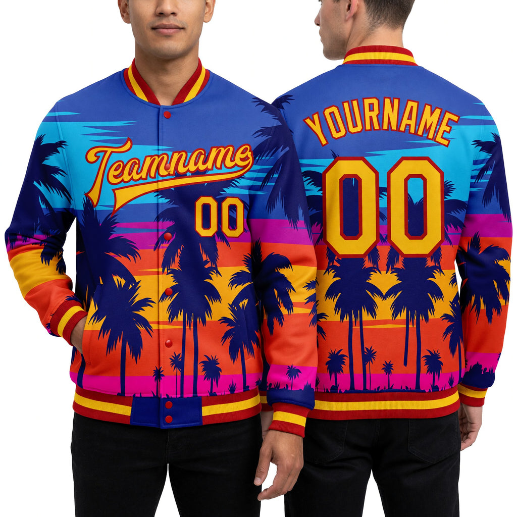 Custom Royal Gold-Red Hawaii Palm Trees 3D Bomber Full-Snap Varsity Letterman Jacket worn front and back