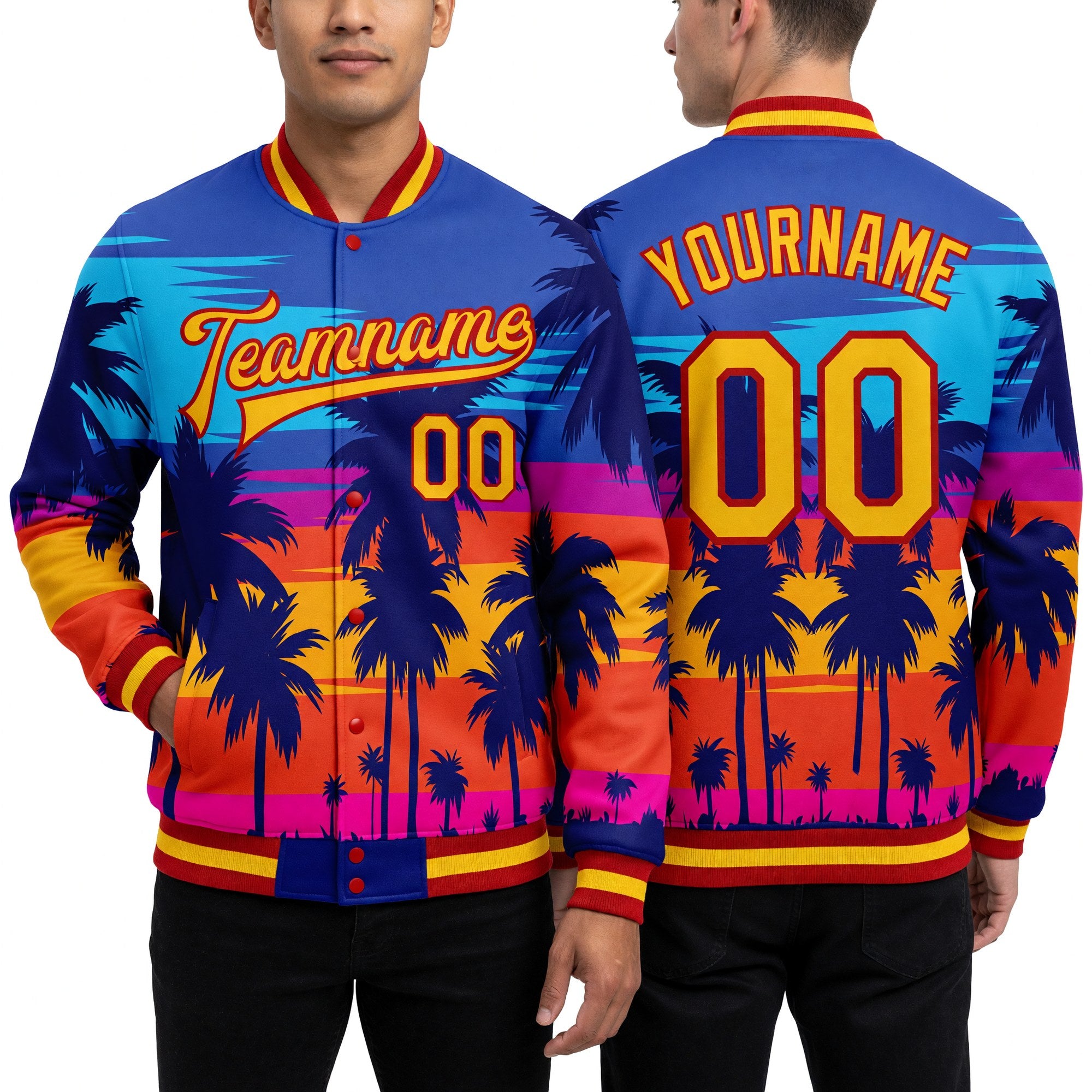 Custom Royal Gold-Red Hawaii Palm Trees 3D Bomber Full-Snap Varsity Letterman Jacket worn front and back