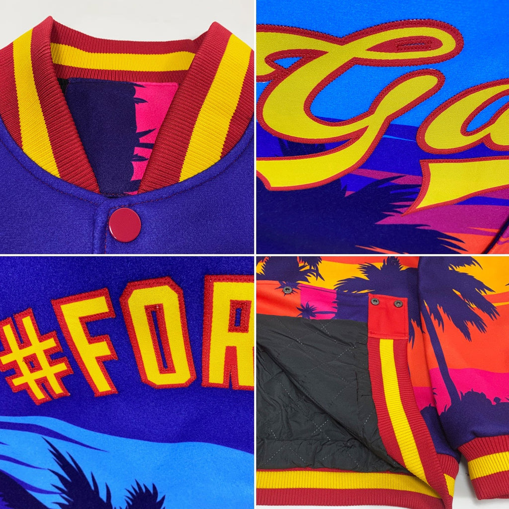 Custom Royal Gold-Red Hawaii Palm Trees 3D Bomber Full-Snap Varsity Letterman Jacket photo 4