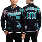 Custom Black Teal-White Hawaii Palm Trees 3D Bomber Full-Snap Varsity Letterman Jacket worn front and back