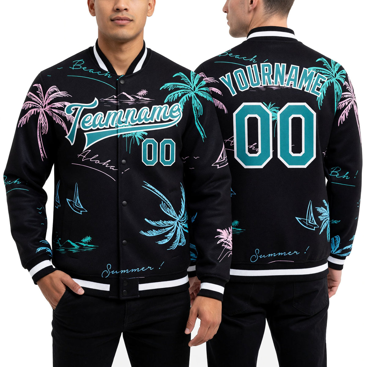 Custom Black Teal-White Hawaii Palm Trees 3D Bomber Full-Snap Varsity Letterman Jacket worn front and back