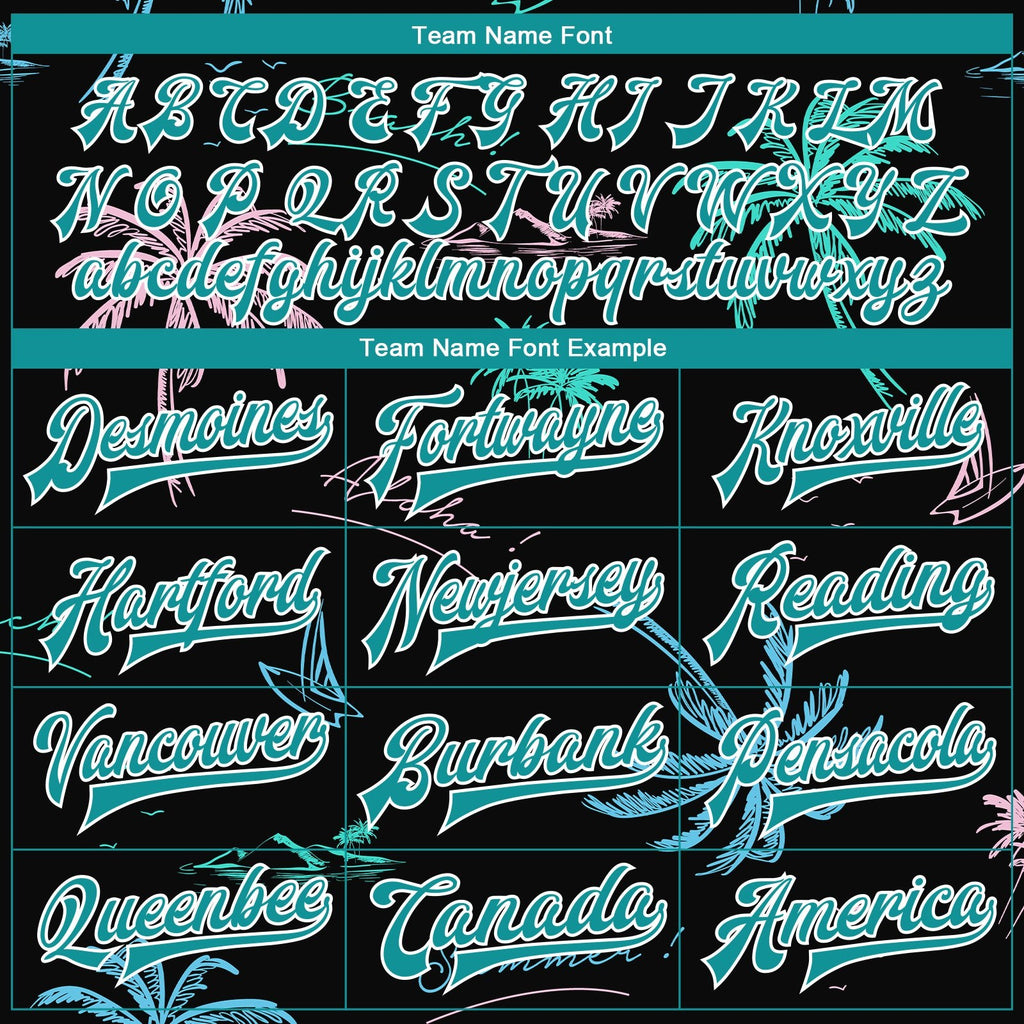 Custom Black Teal-White Hawaii Palm Trees 3D Bomber Full-Snap Varsity Letterman Jacket photo 5