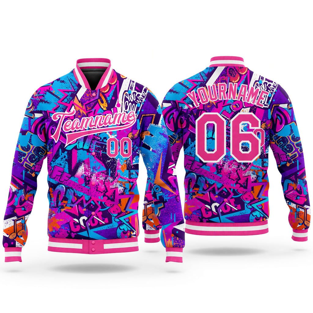 Custom Graffiti Pattern Pink-White Words 3D Bomber Full-Snap Varsity Letterman Jacket