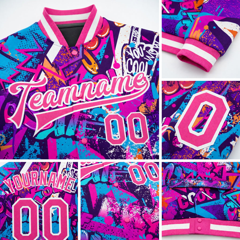Custom Graffiti Pattern Pink-White Words 3D Bomber Full-Snap Varsity Letterman Jacket detail