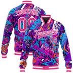 Custom Graffiti Pattern Pink-White Words 3D Bomber Full-Snap Varsity Letterman Jacket photo 1