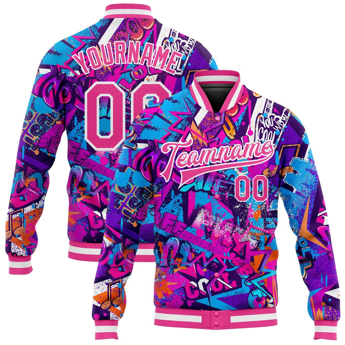 Custom Graffiti Pattern Pink-White Words 3D Bomber Full-Snap Varsity Letterman Jacket photo 1