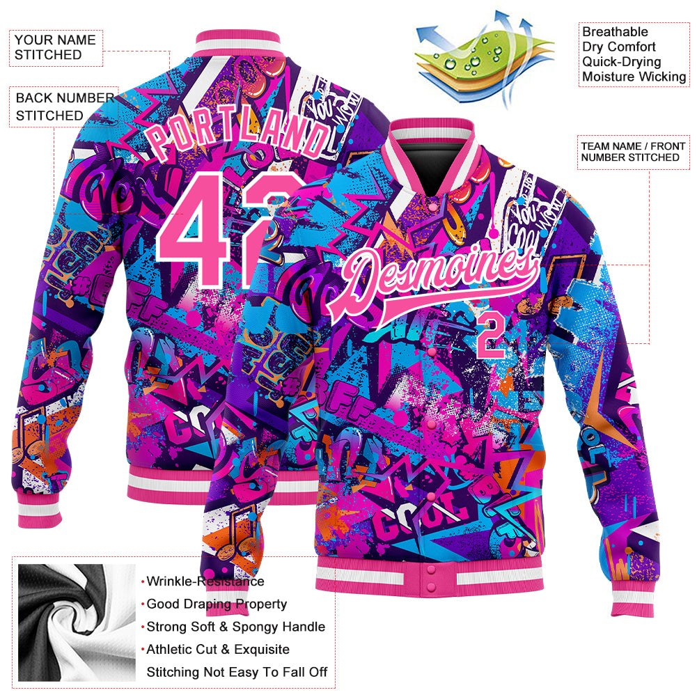 Custom Graffiti Pattern Pink-White Words 3D Bomber Full-Snap Varsity Letterman Jacket photo 5