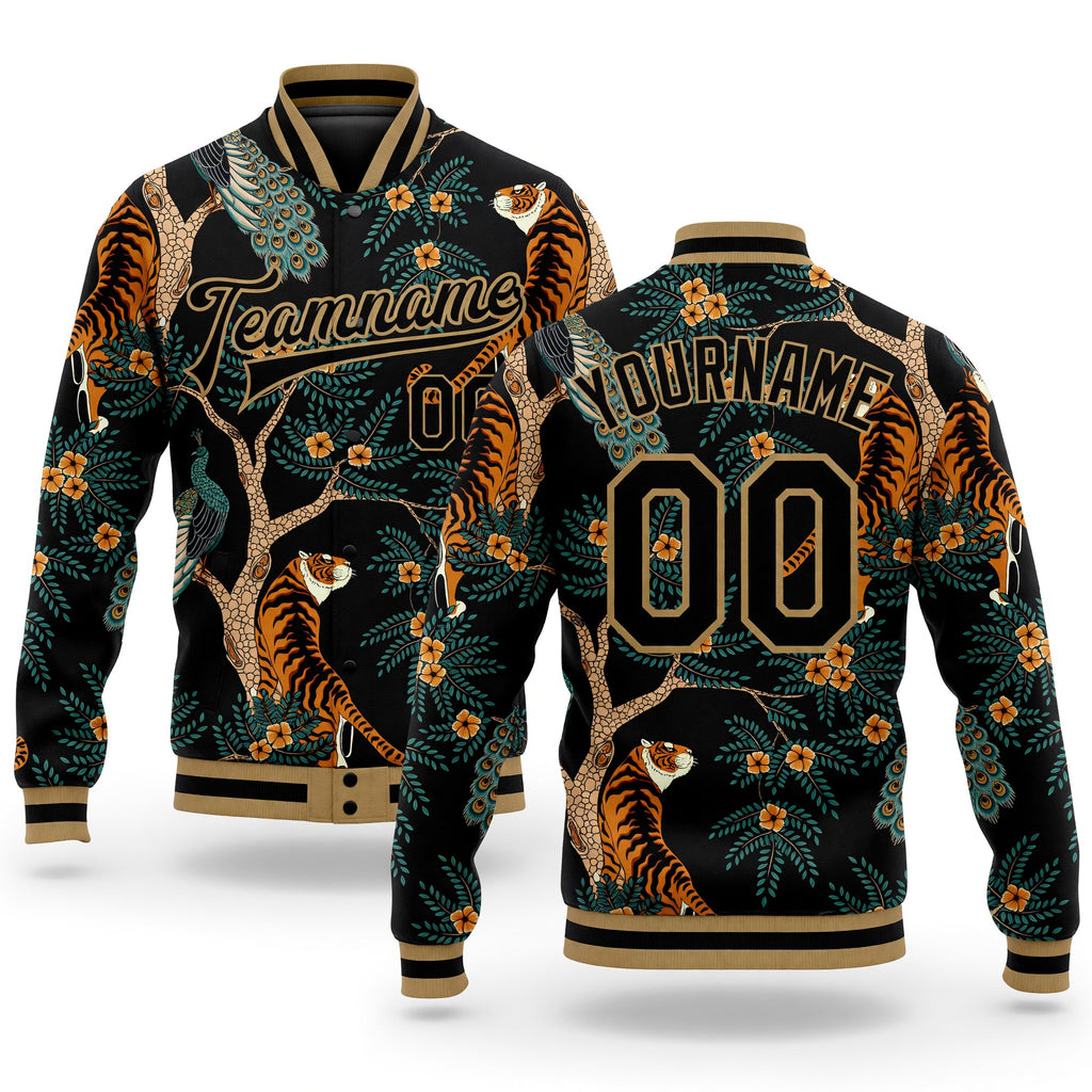 Custom Black Black-Old Gold Tiger And Peacock 3D Pattern Design Bomber Full-Snap Varsity Letterman Jacket