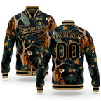 Custom Black Black-Old Gold Tiger And Peacock 3D Pattern Design Bomber Full-Snap Varsity Letterman Jacket