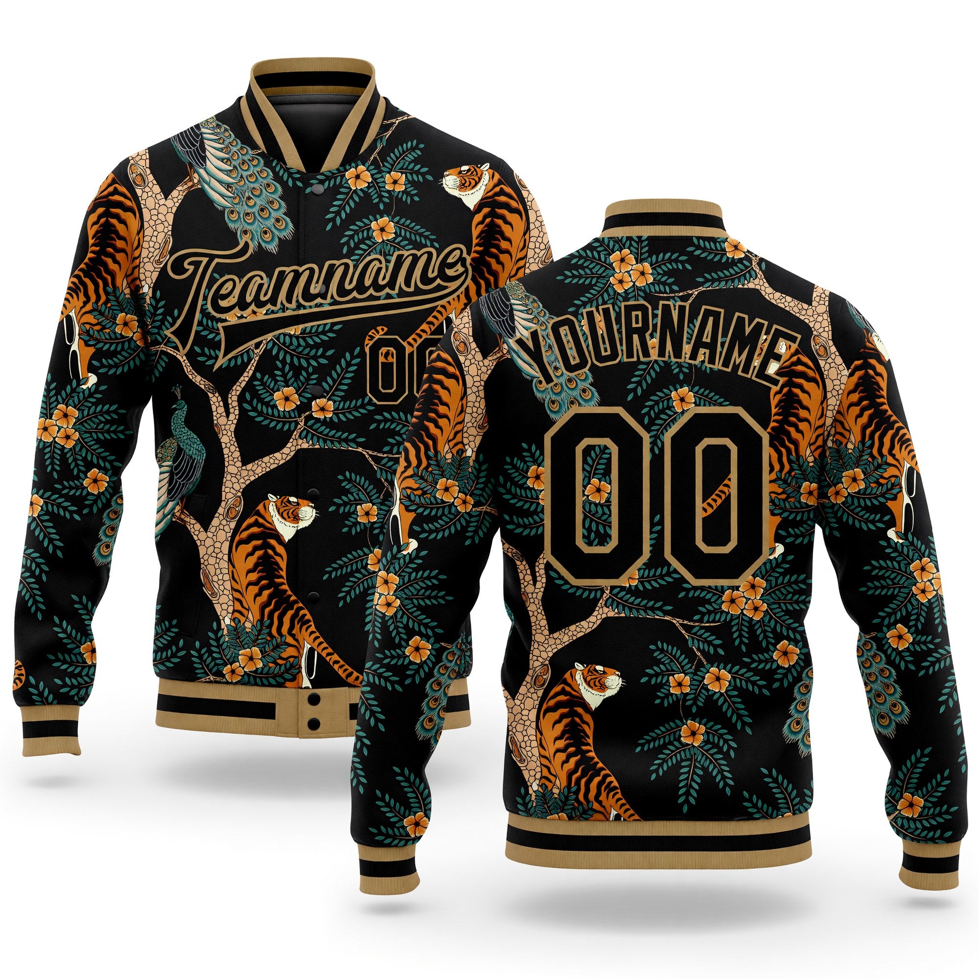 Custom Black Black-Old Gold Tiger And Peacock 3D Pattern Design Bomber Full-Snap Varsity Letterman Jacket