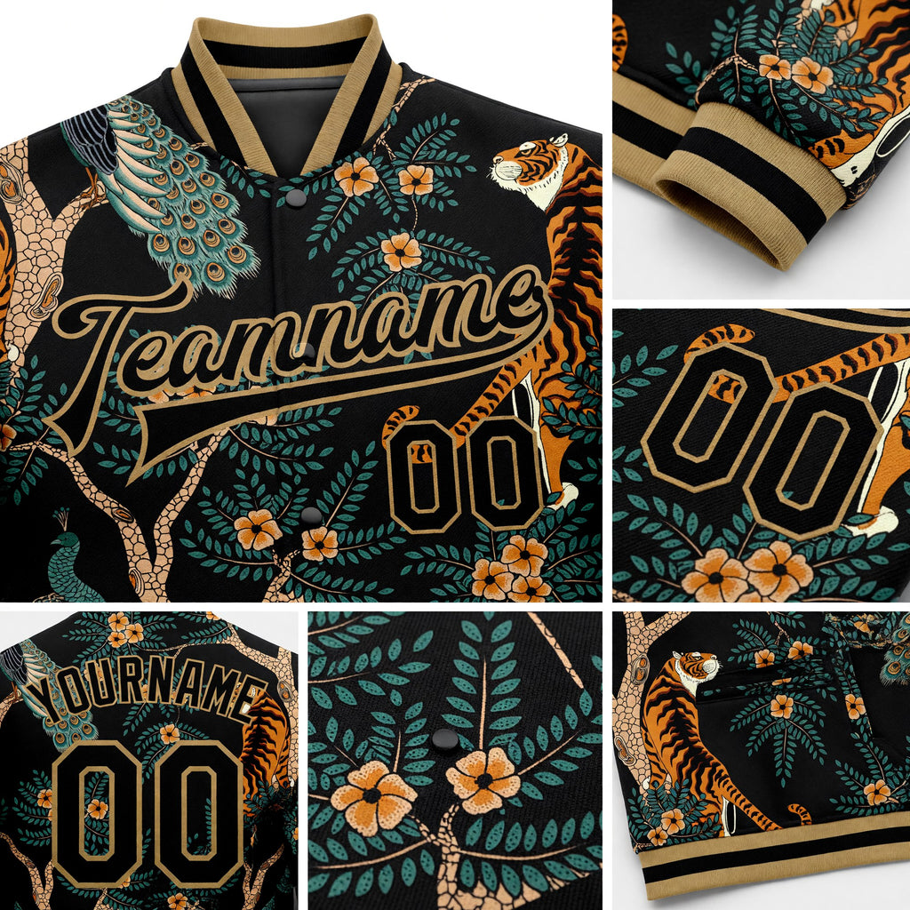 Custom Black Black-Old Gold Tiger And Peacock 3D Pattern Design Bomber Full-Snap Varsity Letterman Jacket detail