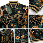 Custom Black Black-Old Gold Tiger And Peacock 3D Pattern Design Bomber Full-Snap Varsity Letterman Jacket detail