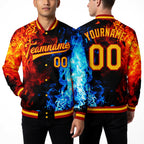Custom Black Gold Red-Royal Flame 3D Pattern Design Bomber Full-Snap Varsity Letterman Jacket worn front and back