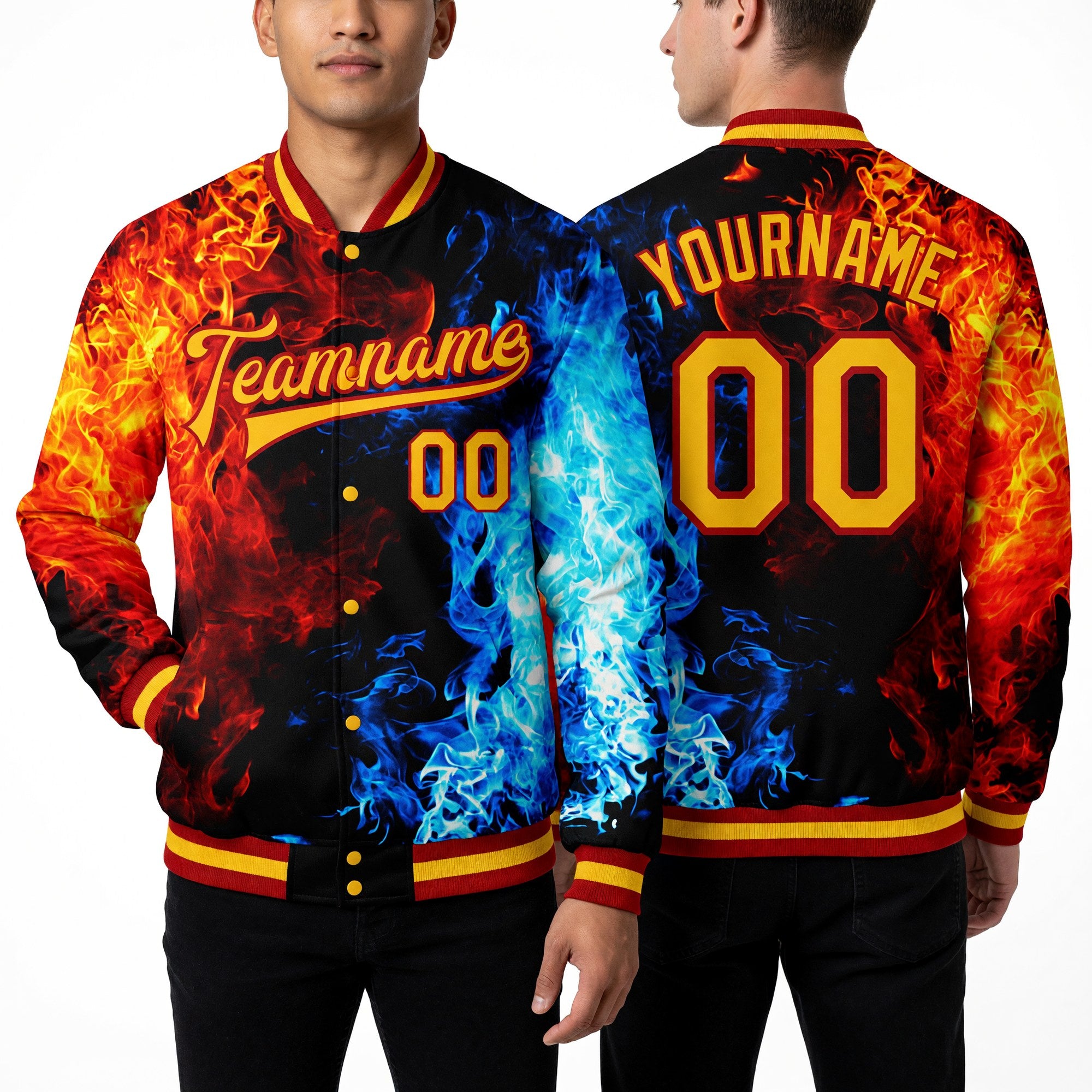 Custom Black Gold Red-Royal Flame 3D Pattern Design Bomber Full-Snap Varsity Letterman Jacket worn front and back