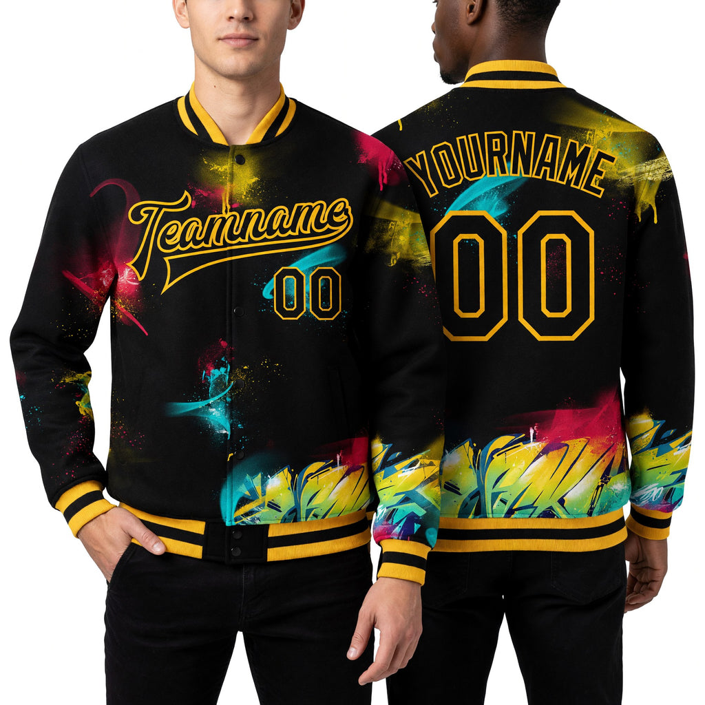 Custom Graffiti Pattern Black-Gold 3D Bomber Full-Snap Varsity Letterman Jacket worn front and back