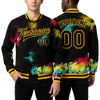 Custom Graffiti Pattern Black-Gold 3D Bomber Full-Snap Varsity Letterman Jacket worn front and back