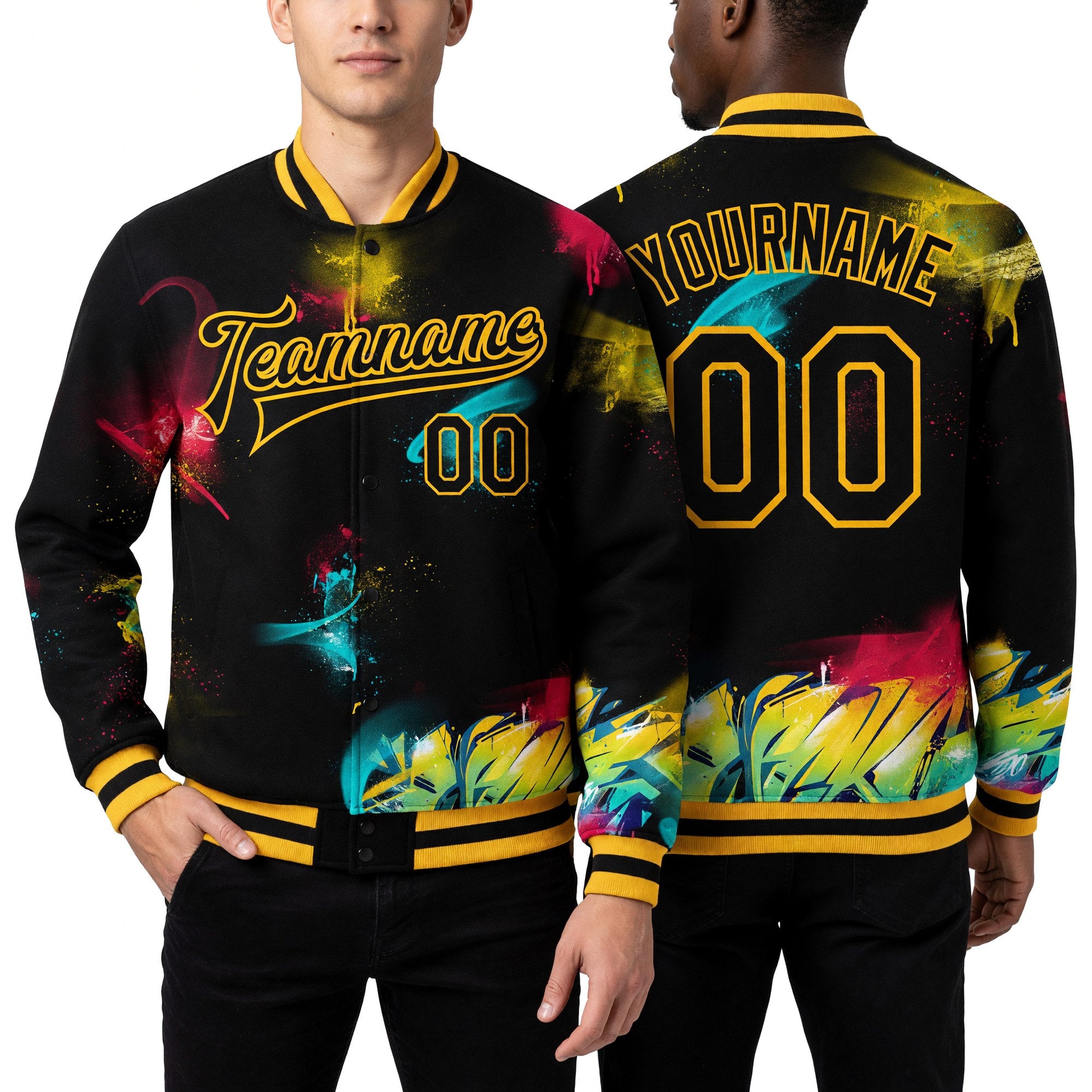 Custom Graffiti Pattern Black-Gold 3D Bomber Full-Snap Varsity Letterman Jacket worn front and back