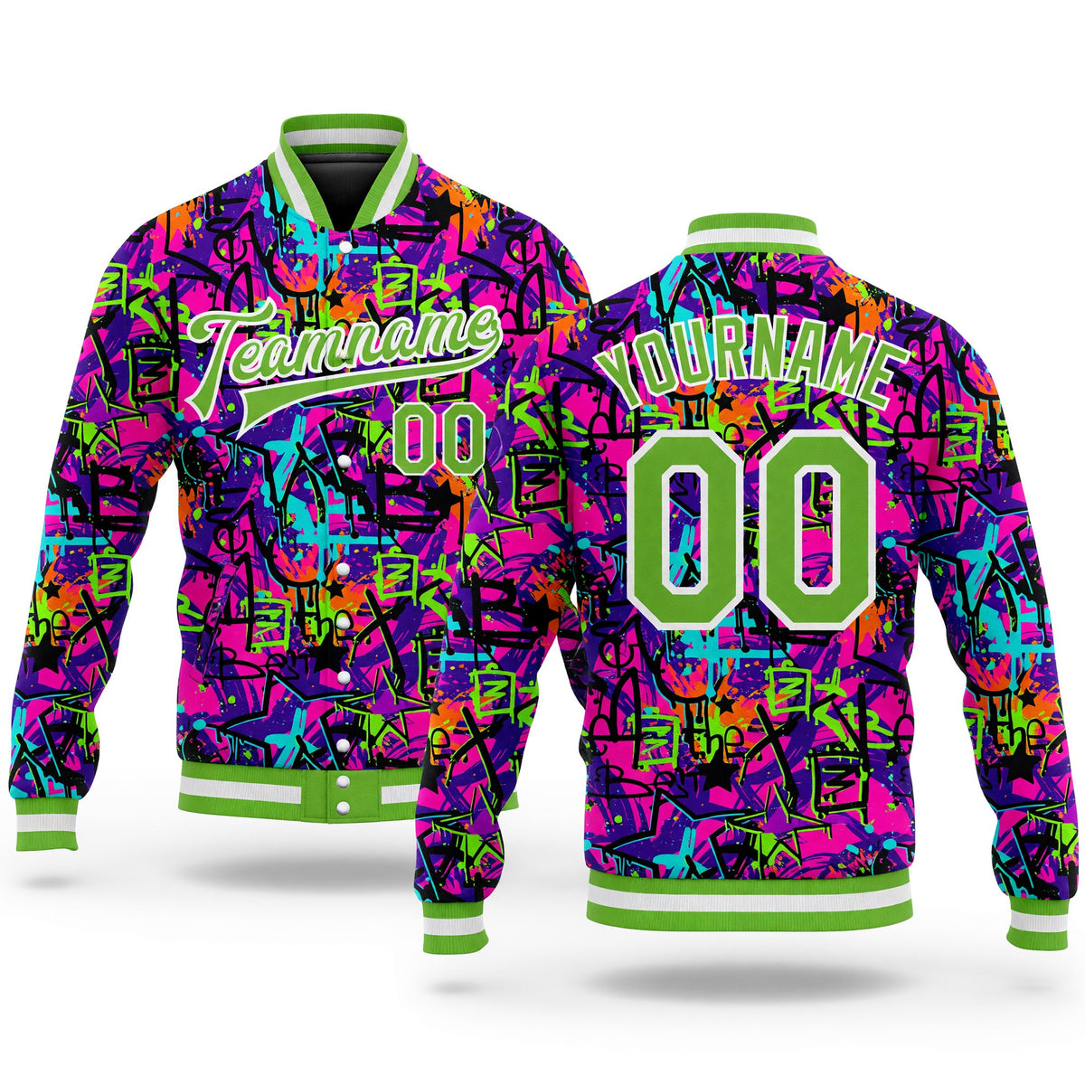 Custom Graffiti Pattern Neon Green-White 3D Bomber Full-Snap Varsity Letterman Jacket
