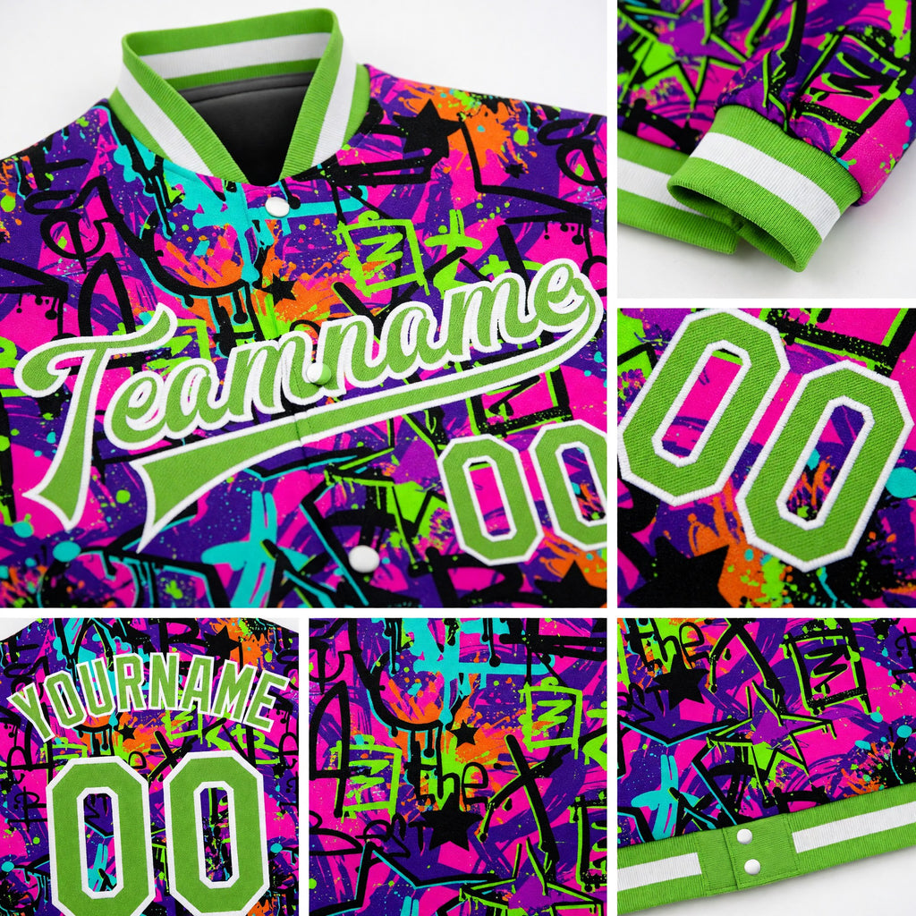 Custom Graffiti Pattern Neon Green-White 3D Bomber Full-Snap Varsity Letterman Jacket detail
