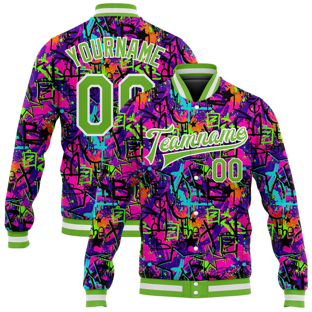 Custom Graffiti Pattern Neon Green-White 3D Bomber Full-Snap Varsity Letterman Jacket photo 1