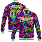 Custom Graffiti Pattern Neon Green-White 3D Bomber Full-Snap Varsity Letterman Jacket photo 1