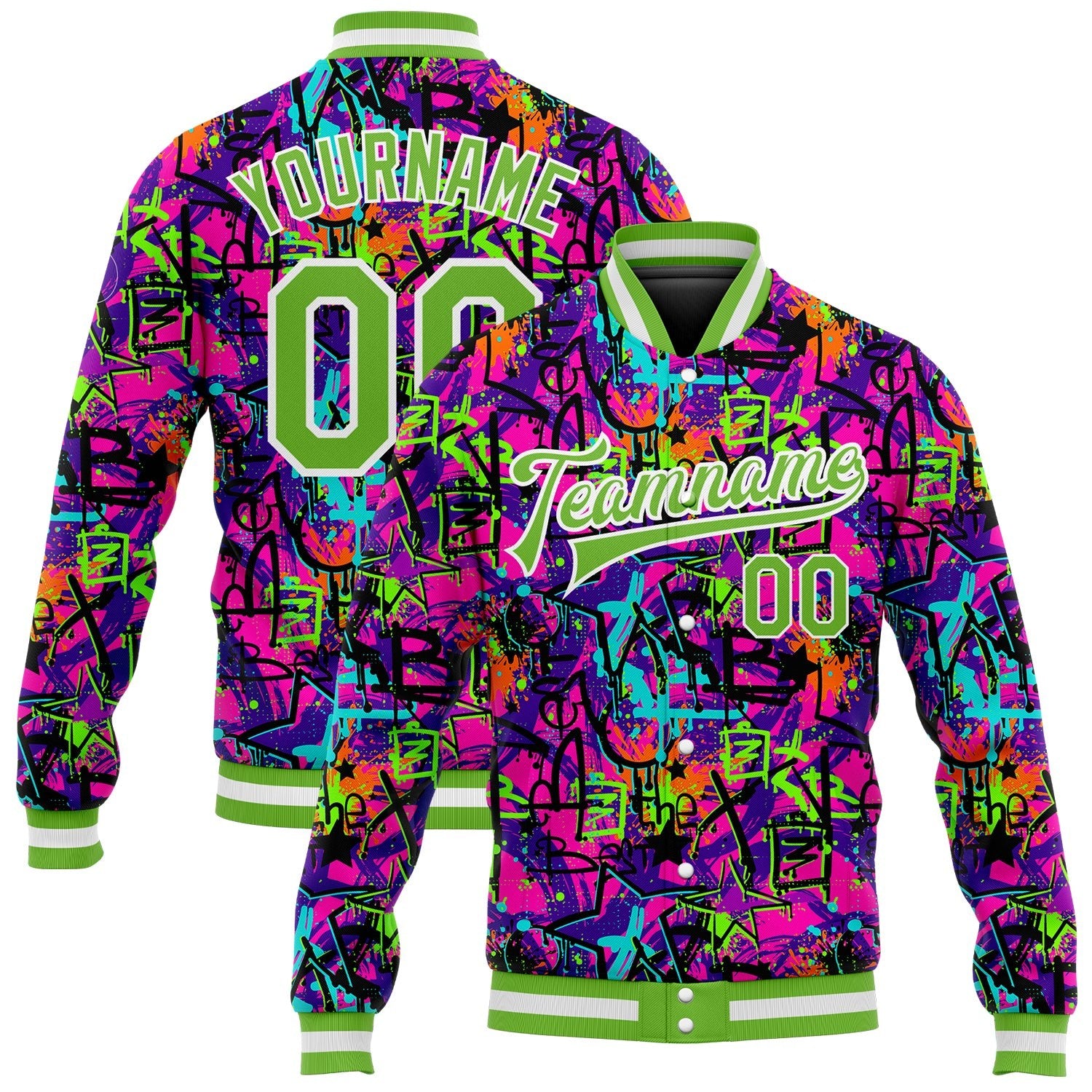 Custom Graffiti Pattern Neon Green-White 3D Bomber Full-Snap Varsity Letterman Jacket photo 1