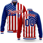 Custom White Royal-Red American Flag Fashion 3D Bomber Full-Snap Varsity Letterman Jacket