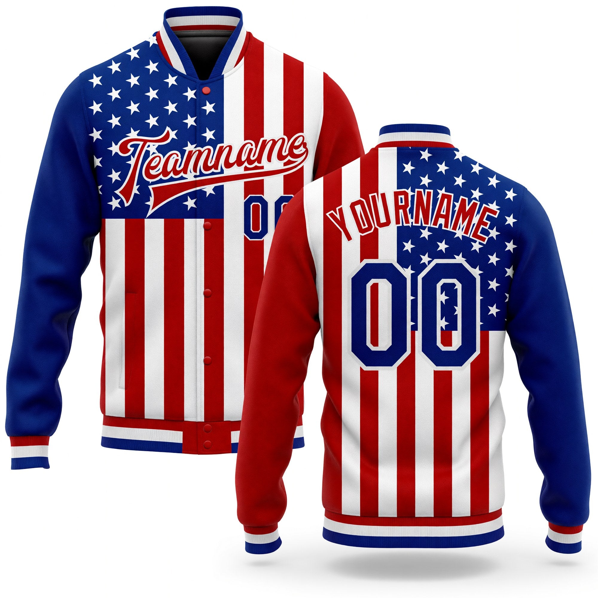 Custom White Royal-Red American Flag Fashion 3D Bomber Full-Snap Varsity Letterman Jacket